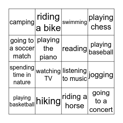 free time activities Bingo Card