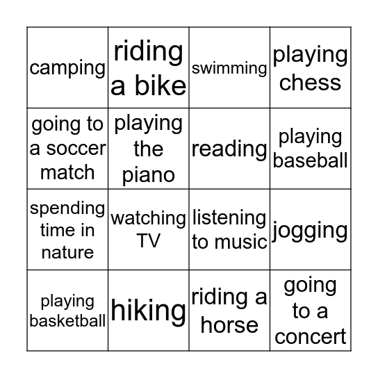 free time activities Bingo Card