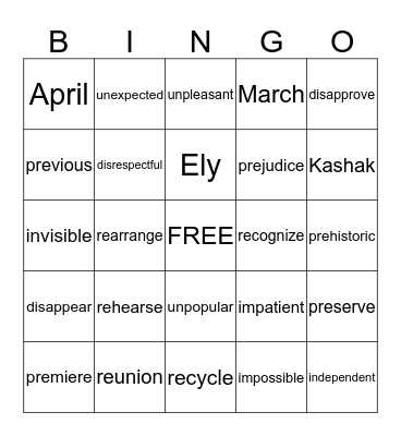 SPELLING Bingo Card