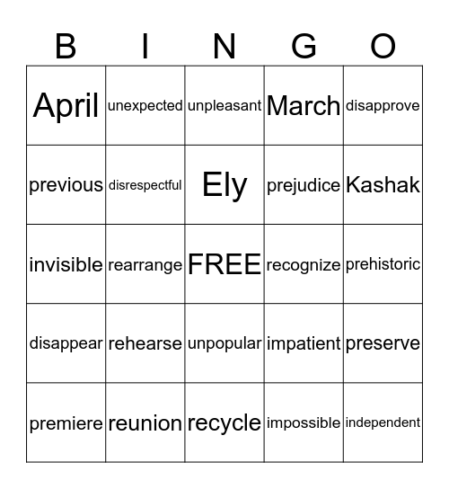 SPELLING Bingo Card