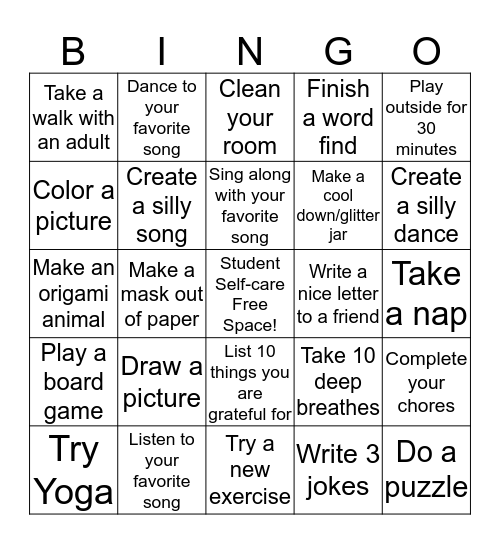 Student Self-Care Bingo Card