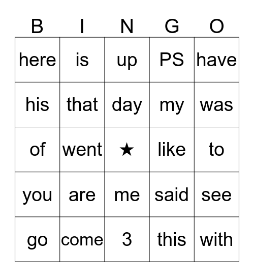 Kindergarten Word Wall Bingo Card