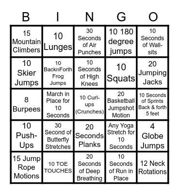 Mr. Bailey Fitness Bingo! Bingo Card