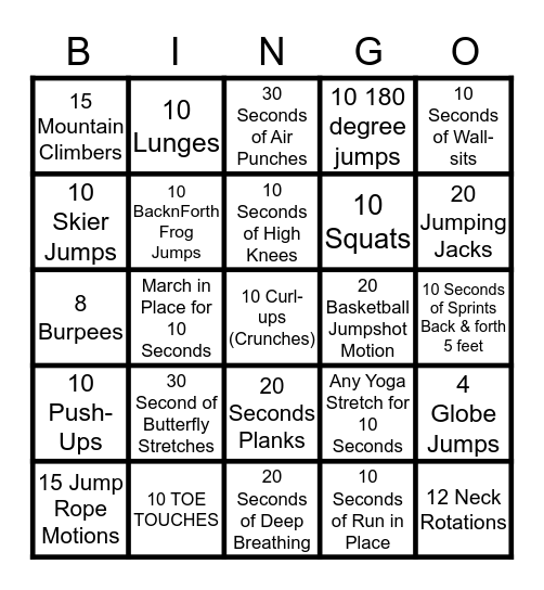 Mr. Bailey Fitness Bingo! Bingo Card