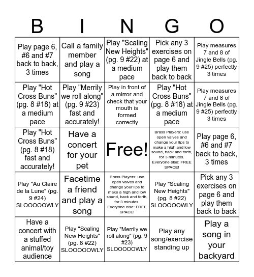 Beginning Band Bingo Card