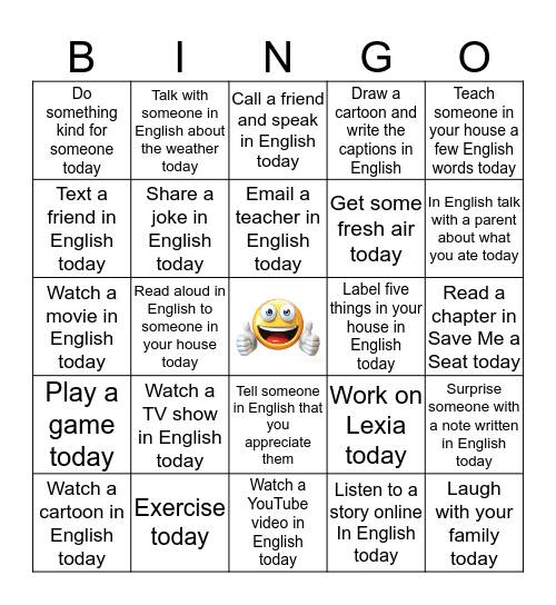 Practice  English at Home Bingo Card