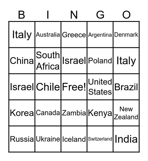 Countries Bingo Card