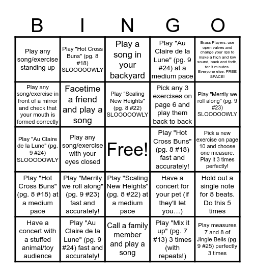 Beginning Band Bingo Card