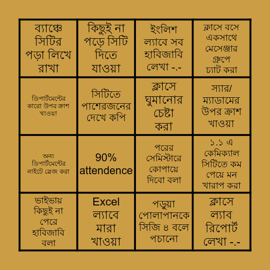 Chemical KUET Bingo Card