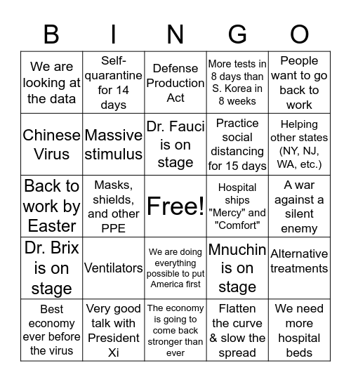 Coronavirus Press Conference Bingo Card