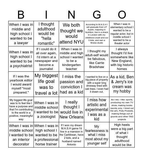 What I Want to be When I Grow Up Bingo Card