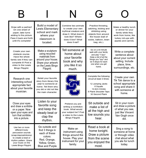Lewis Specials Team Bingo Card
