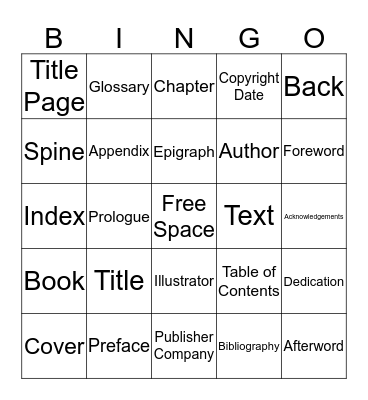 Parts Of A Book Bingo Card