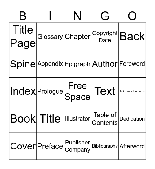 Parts Of A Book Bingo Card