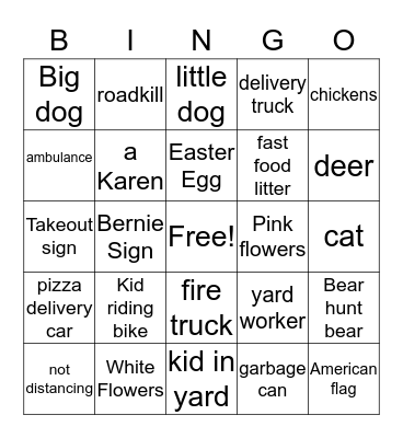 Quarantined Drive Around Bingo Card