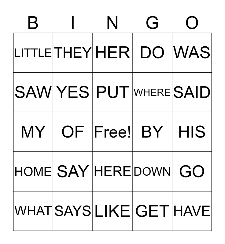 Kindergarten high frequency words bingo card