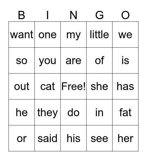 Trick Word Bingo Card