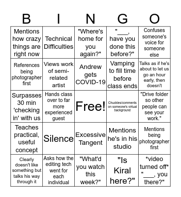 Andrew French Zoom Bingo Card