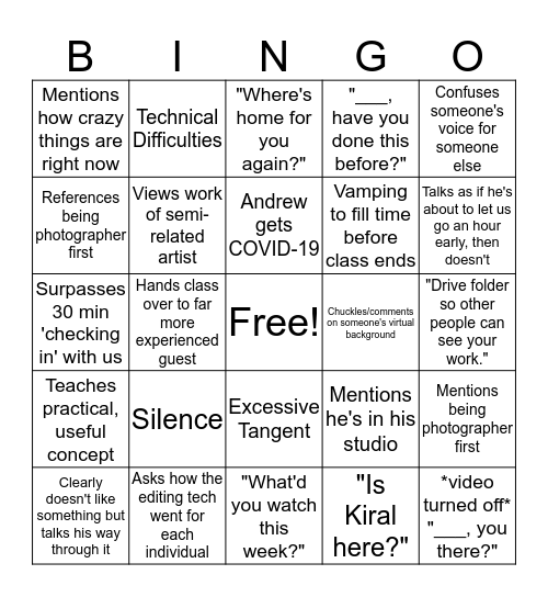 Andrew French Zoom Bingo Card