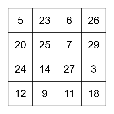 NUMBER BINGO Card