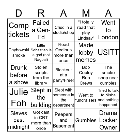 UConn Drama Bingo Card