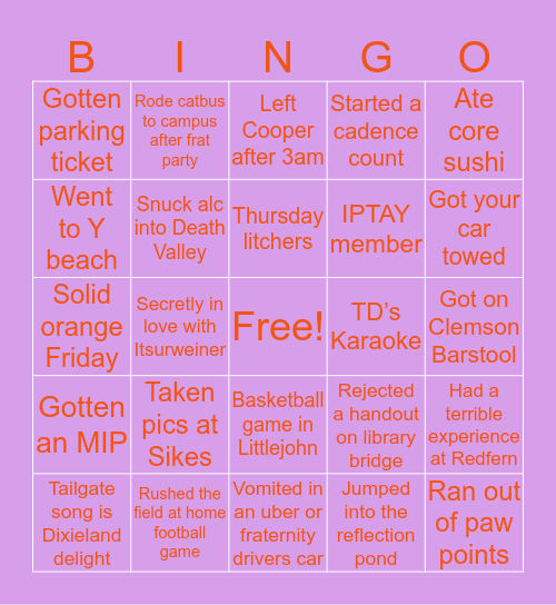 Clemson Bingo Card