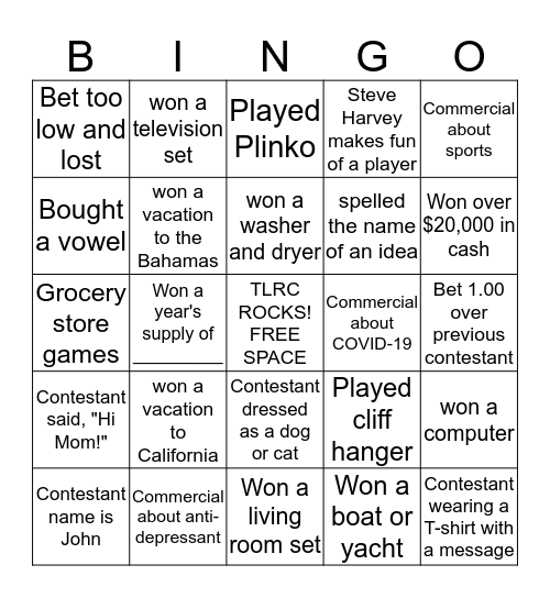 Game Show Bingo Card