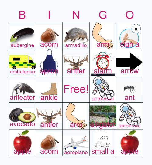 alphabet A / a Bingo Card