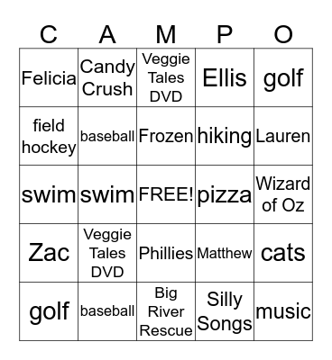 My Favorite Things Bingo Card