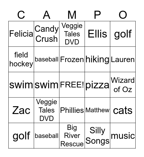 My Favorite Things Bingo Card