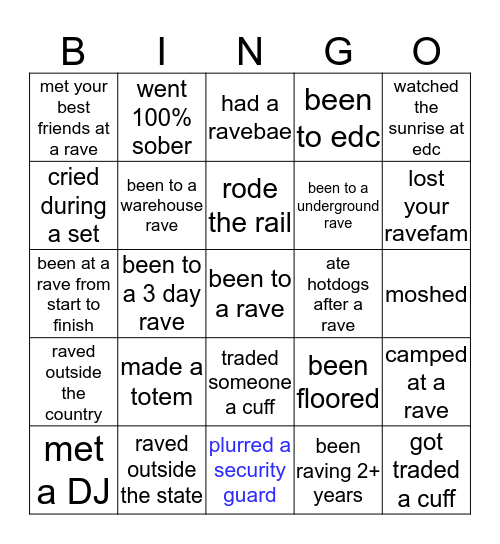 Raver Bingo Card