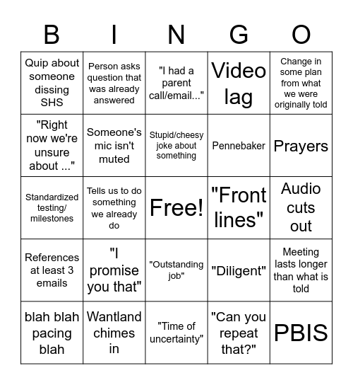 Video Meeting Bingo Card