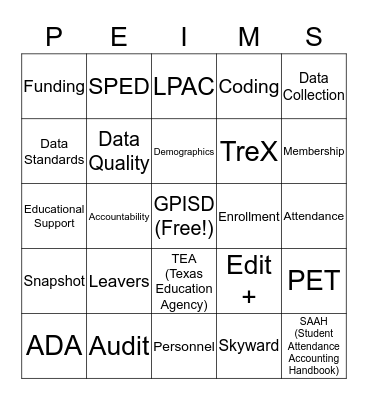 PEIMS Bingo Card Bingo Card