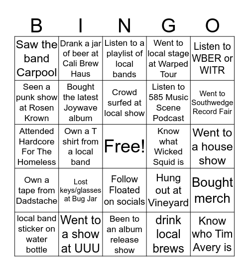 Rochester Music Scene Bingo Card