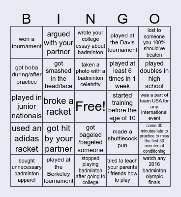 Bay Area Badminton Overlords Bingo Card