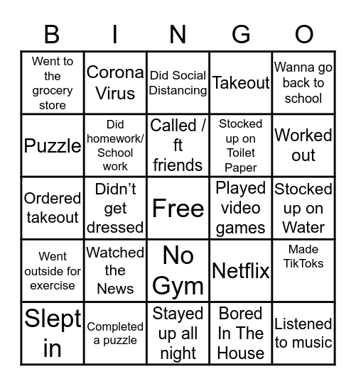 Quarantined Bingo Card