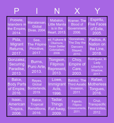 Critical Filipinx/American Studies Bingo Card