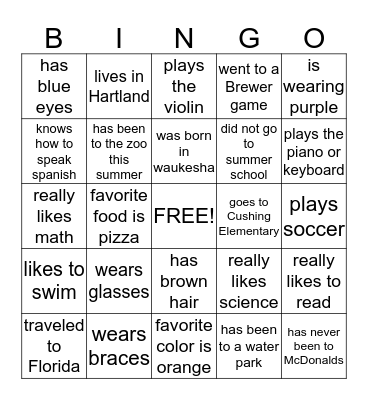 Get to know your class! Bingo Card