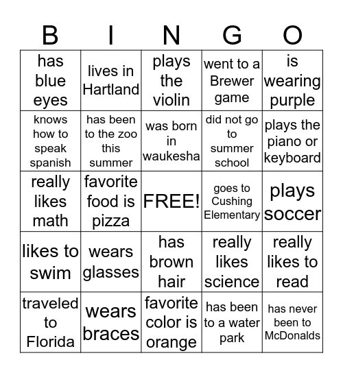 Get to know your class! Bingo Card