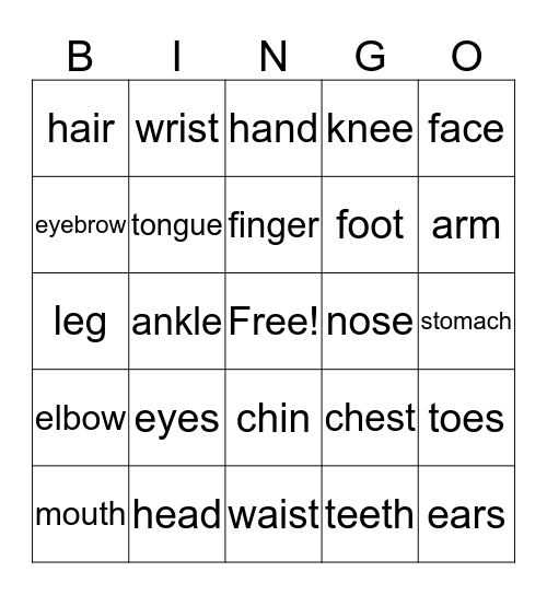 Body Parts Bingo Card