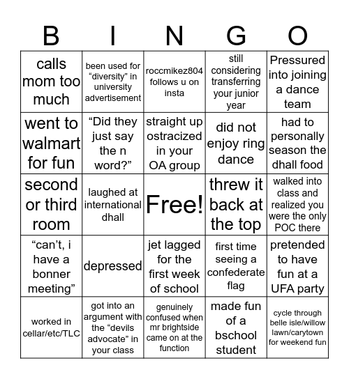 Nonwhite/international UR student bingo Card