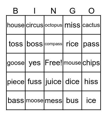 Final "s" words Bingo Card