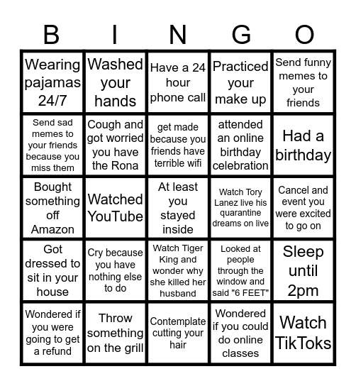 Social Distancing Bingo Card