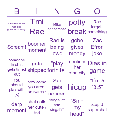 Valkyrae official bingo Card