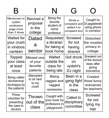 VYDEHIANS BINGO Card