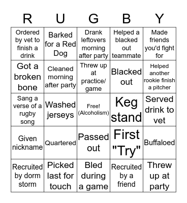 Rugby Rookie Bingo Card