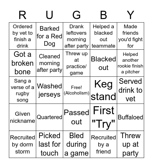 Rugby Rookie Bingo Card