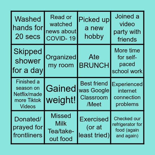 Grade 7 Quarantine Bingo Card