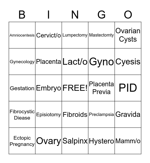 Female Reproductive Bingo Card