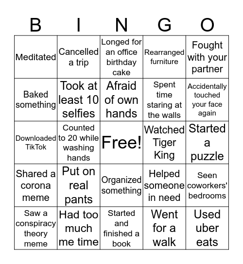 Shelter in Place Bingo Card